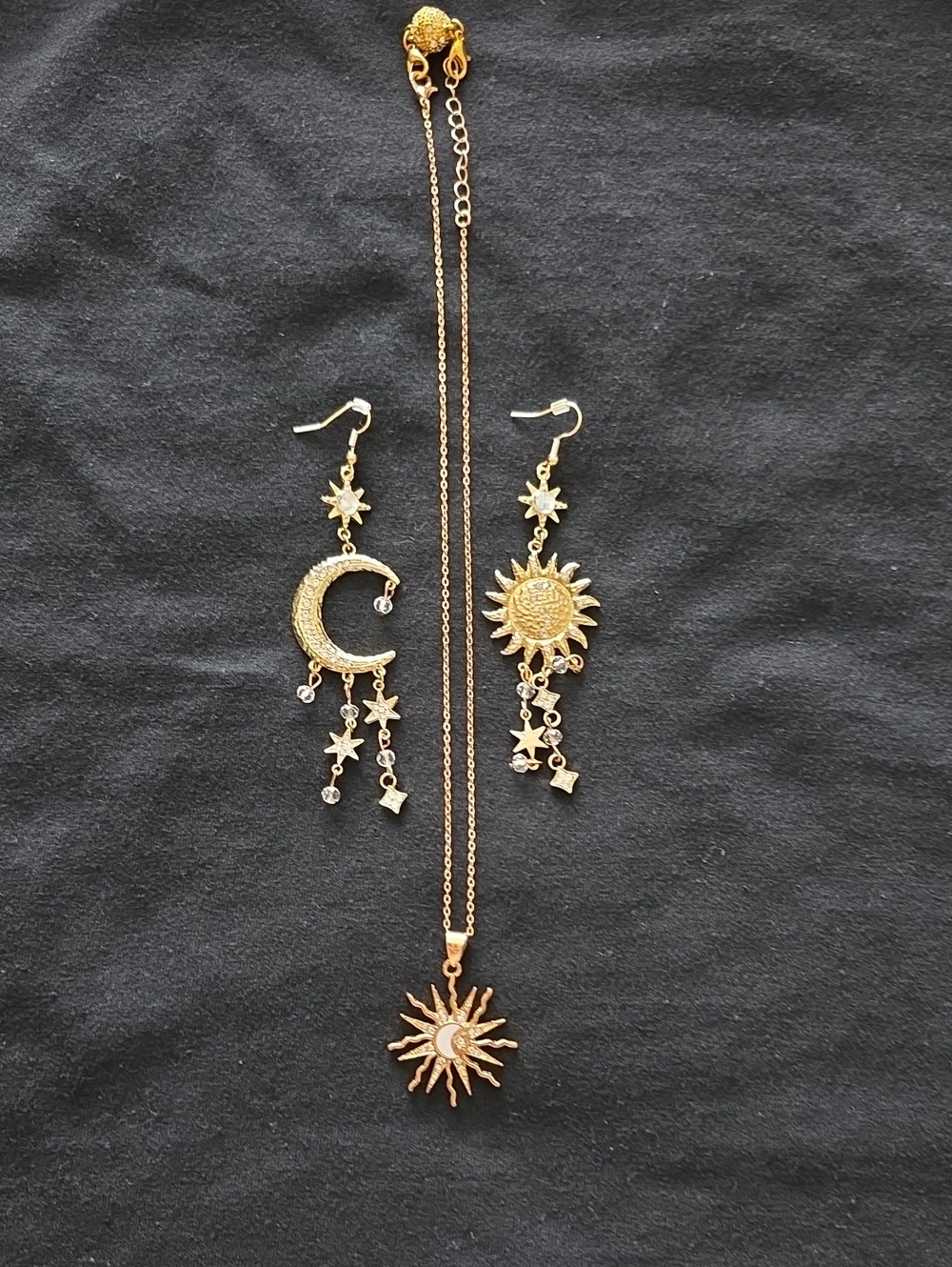 Gold Sun & Moon Pendant Necklace with Star Dangle Earrings - Gold